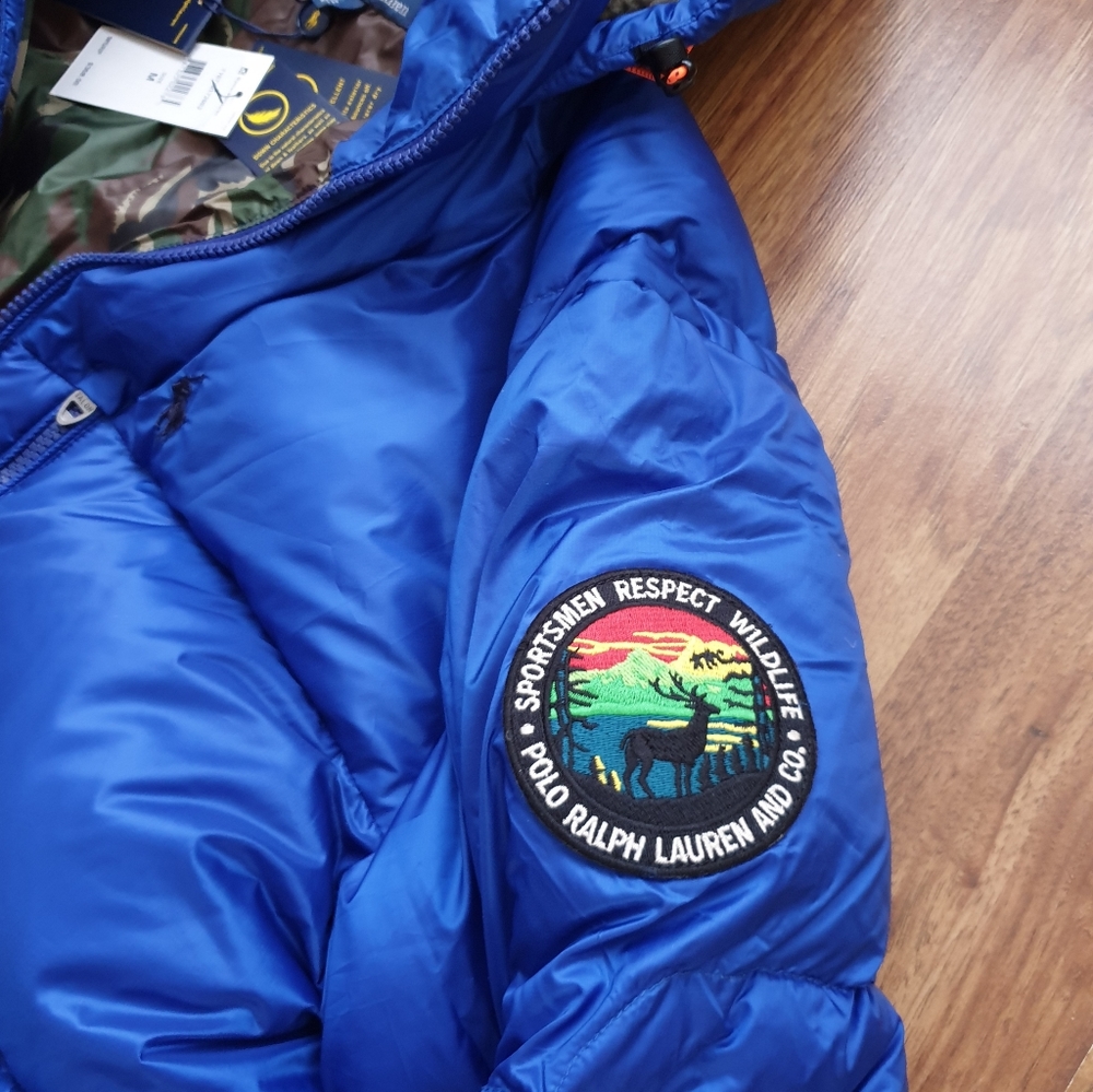 Polo Ralph Lauren Hooded Down Jacket Sportsmen 750 Fill Blue/Camo Sherpa Hood - Picture 5 of 12